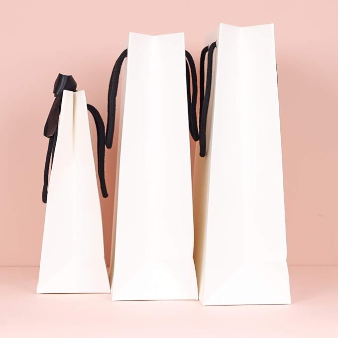 PAPERIST 10pcs Elegance Gift Bag with Satin Bows Ribbon, Sturdy Durable Thick Gift Bag, White gift bag with Black handle and Ribbon, Gift bag for Wedding, Christmas, Birthday Party, Bridal Shower