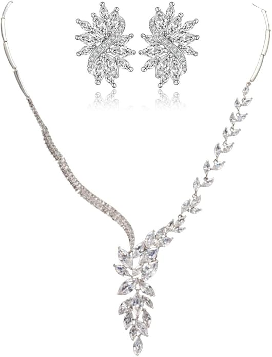 14K Gold Women's Jewelry Set, Natural Crystal Necklace & Moissanite Earrings, Luxurious Bridal/Wedding Fashion Accessory