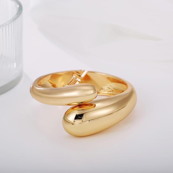 Golden Polished Chunky Twisted Hinged Waterdrop Bangle Bracelet for Women Spiraled Oval Bangle Bracelet