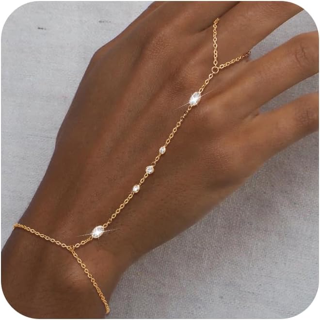 Hand Chain Bracelet for Women: Dainty 14k Gold Silver Plated Ring Chain Bracelets for Women Trendy Jewelry for Wedding Prom Birthday Gifts for Women
