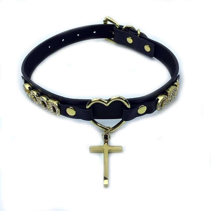 Succuba Handmade Heart Ring Rhinestone Letter Pu Leather Choker Collar Necklace for Women and Men