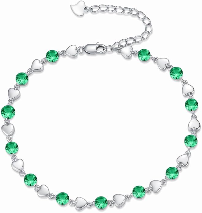Birthstone Charm Link Bracelet 925 Sterling Silver Rose/Heart/Mom Bracelet with 12 Months Birthstone Mother's Day Gift Jewelry Gifts for Women,Chain Length 7"+2" Extend