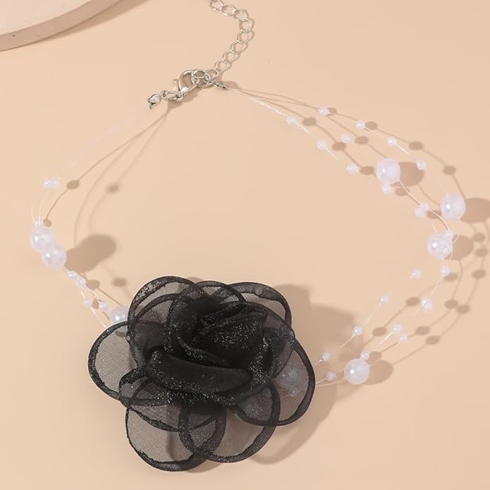Boho Flower Pearl Choker Necklace for Floral Choker,Women Dainty Pearl Beaded Chain Collar Necklace Flower Necklace for Women Trendy Jewelry
