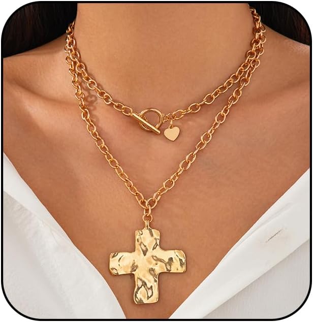 Atiptu Gold Chunky Cross Necklace for Women Statement Cross Pendant Necklace Layered Hammered Bold Cross Necklace Vintage Toggle Clasp Necklace Jewelry
