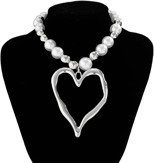 Exaggerated Heart Pendant Pearl Necklace,Charming Plated Gold Chunky Love Ball Statement Choker,Sweet Heart Beaded Collar Necklace for Women