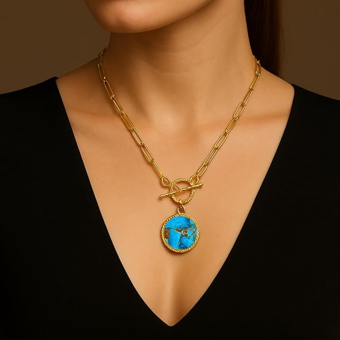 Gempires Gemstone Coin Front Toggle Pendant Necklace for Women with Gold Paperclip Chain, Natural Crystal Pendant with Toggle Clasp, Handcrafted Perfect Jewelry Gift for her