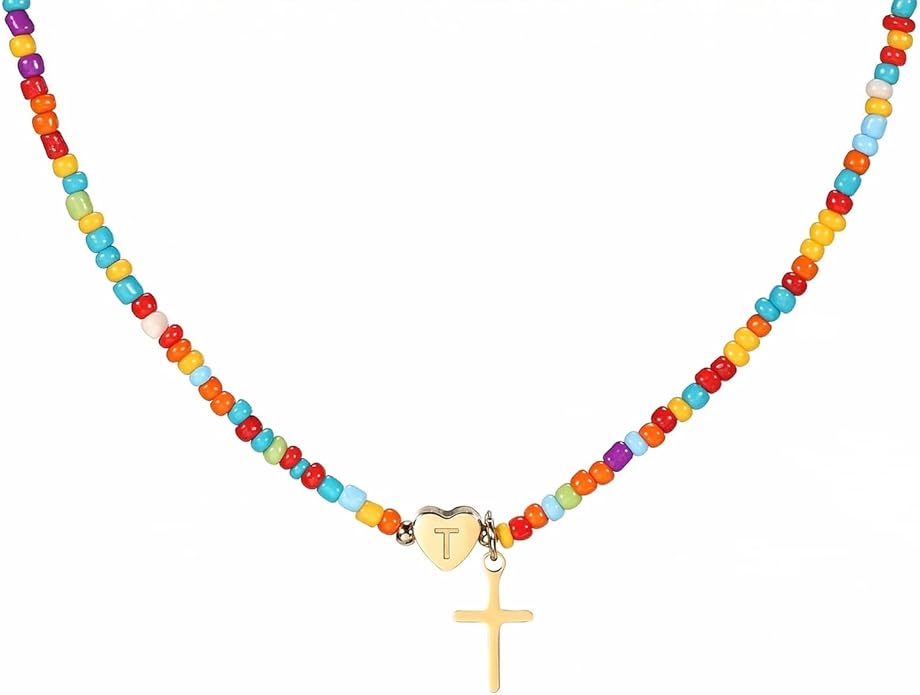 Colorful Initial Cross Necklace for Girls Women Kids - Teen Girls Gifts Trendy Stuff Beaded Letter Cross Choker Necklace for Girls Gifts Jewelry