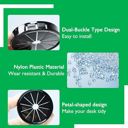 15PCS Cable Grommets, 1-9/16"(40mm) Desk Hole Cover Petal Shaped Buckle Type Nylon Snap Bushing Grommet, Wire Hole Cover Insert for Cables and Cords Management and Protection of Cabinet, Black