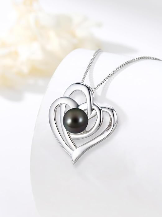 Tahitian Black Pearl 18K White Gold Plated Sterling Silver Heart/Infinity/Four Leaf Clover Pendant Necklace Jewelry Gifts for Women Wife Mom Girlfriend Wedding Birthday Anniversary Christmas