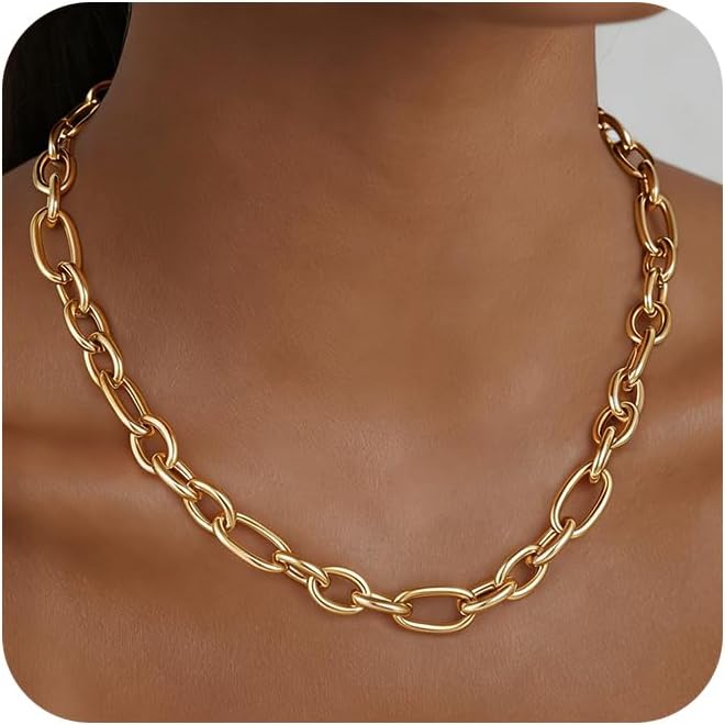 Gold Necklace for Women - Chunky 14K Gold Plated Chain Necklace Cuban Link Paperclip Chain Herringbone Statement Choker Necklace for Women Simple Trendy Jewelry Gifts