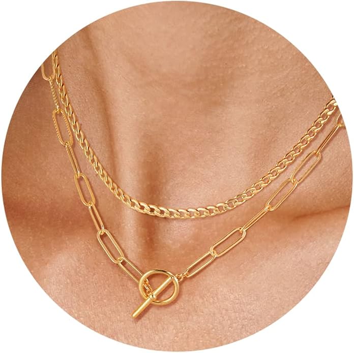 CHESKY Layered Necklaces for Women, 14K Gold Plated Chain Necklace Women Trendy Cuban Link Paperclip Chain Toggle Clasp Necklace Fashion Chunky Jewelry for Women