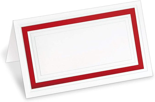 White 38lb Cover Stock Folded Place Cards with Red Foil Border, Micro-Perforated, 2" x 3 1/2", 100/Pack, Laser and Inkjet Compatible