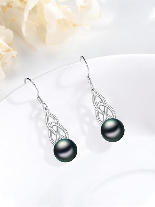 Tahitian Black Pearl Earrings Gifts for Women Wife Celtic Dangle Drop Earrings Wedding Birthday Anniversary Jewelry Valentines Christmas Day Gifts 925 Sterling Silver