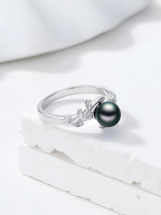 Tahitian Black Pearl AAAA 18K White Gold Plated Sterling Silver Rings for Women Wife Mom Girlfriend Valentine Her Jewelry Gift for Christmas Wedding Anniversary Birthday Graduation