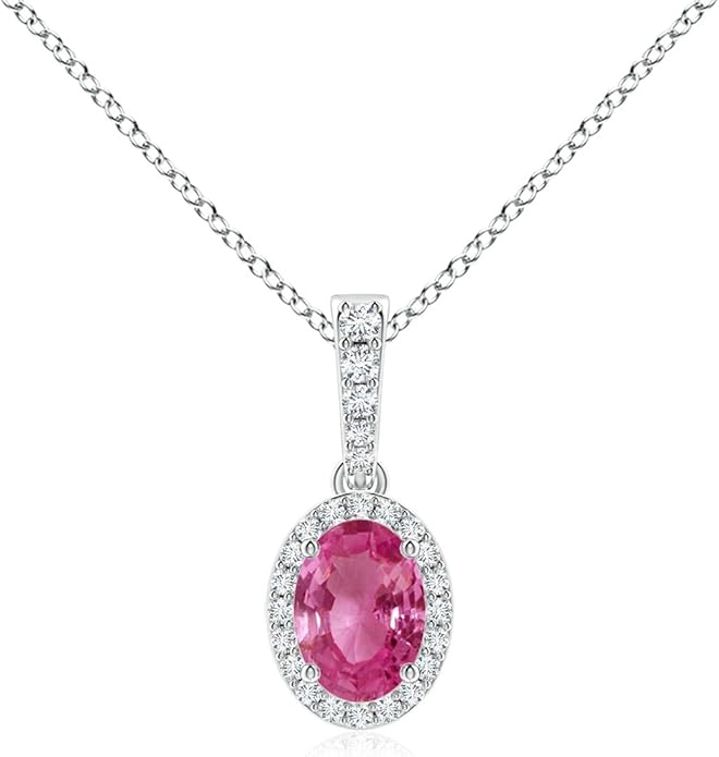 Angara Natural Pink Sapphire Pendant for Women | Vintage Style Oval Pink Sapphire Halo Pendant in 14K Solid Gold/Platinum With 18" Chain | Birthday, Anniversary, Gemstone Jewelry Gift
