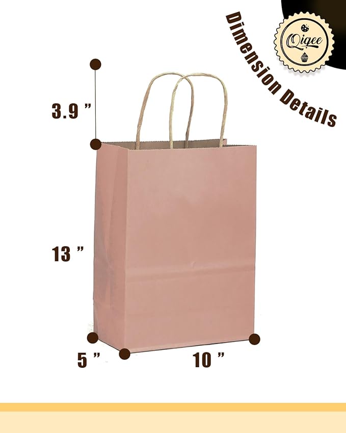 qiqee Large Kraft Paper Bags with Handles 13"x10"x5" 32 pcs Gift Paper Bag Cinnamon Pink Solid Color Bags（Large Size）