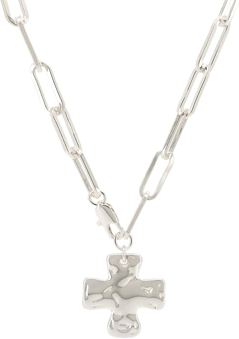 Gold Chunky Cross Necklace for Women - Statement Layered Hammered Cross Pendant Jewelry with Vintage Toggle Clasp, Bold Paperclip Chain Necklace Gift for Her