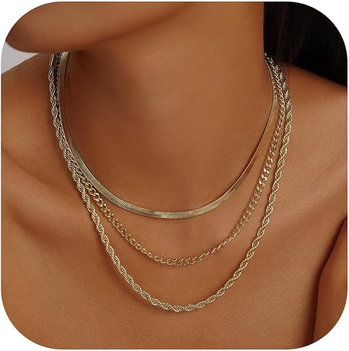 Evabelle Gold Layered Necklace for Women Trendy Jewelry 14K Real Gold Plated Chunky Chain Stackable Necklaces Dainty Choker Necklaces Rectangle Square Pendant