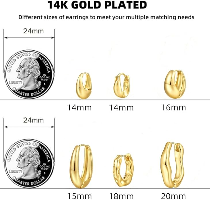 6 Pairs Gold Hoop Earrings Set for Women, 14K Gold Plated Huggie Chunky Earring Variety Pack, Hypoallergenic Thick Jewelry Gift