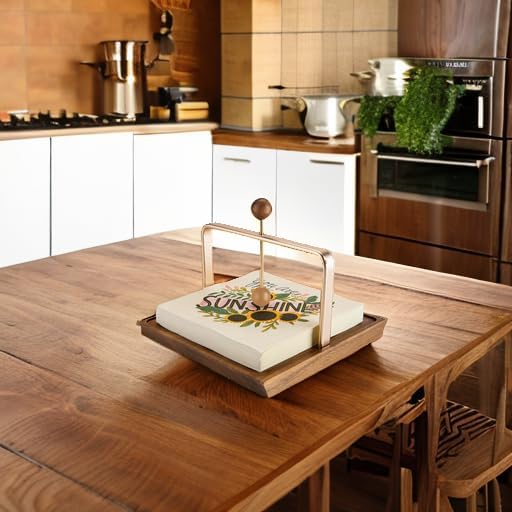 Wood Napkin Holder for Table, Square Tabletop Napkin Dispenser with Sophisticatedly Metal Center Bar, Cocktail Napkin Holder for Home, Kitchen, Office, Restaurant, Hotel, Cafe, Bar
