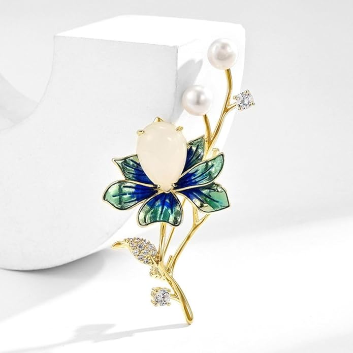 Enamel Iris Brooch - 18K Gold-plated Pin with Pearls & Rhinestones - Women's & Girls' Jewelry Gift