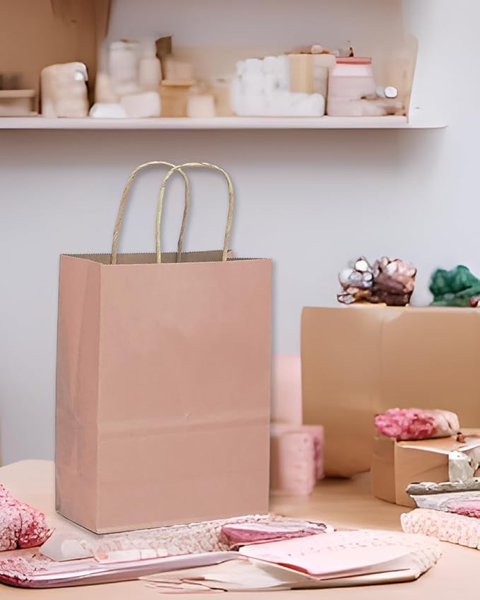 qiqee Large Kraft Paper Bags with Handles 13"x10"x5" 32 pcs Gift Paper Bag Cinnamon Pink Solid Color Bags（Large Size）