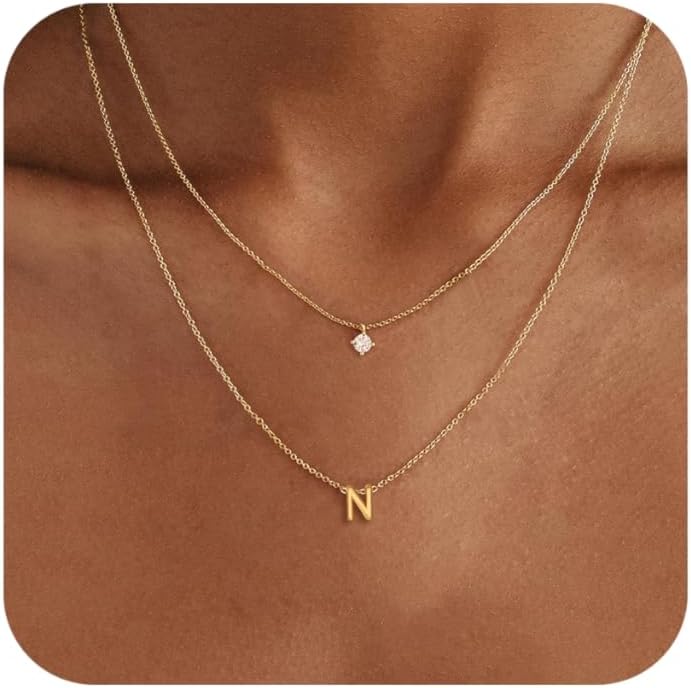 Layered Initial Necklaces for Women, 14k Gold Plated Letter Necklace Set Dainty Gold Initial Necklace Stack Cute Layering Choker Necklaces for Women Trendy Fashion Jewelry