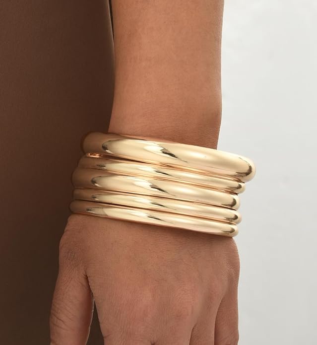 Chunky Gold Bangle Bracelets for Women, Dainty 14k Gold Plated Big Stackable Bangles Set, Trendy Statement Cuff Bracelet Stack Fashion Jewelry Christmas Gifts