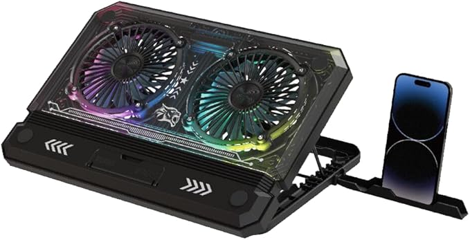 Gaming Crystal Shell Laptop Cooling Pad with Phone Holder, Dual High-Speed Fans, 8-Level Adjustable Height, RGB Lighting, Anti-Slip Base, USB-A & USB-C Ports – Black (for 10-17” Laptops)