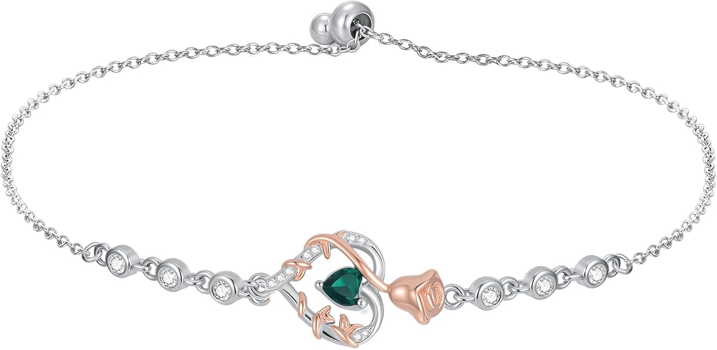 Birthstone Charm Link Bracelet 925 Sterling Silver Rose/Heart/Mom Bracelet with 12 Months Birthstone Mother's Day Gift Jewelry Gifts for Women,Chain Length 7"+2" Extend