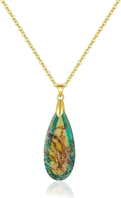 Natural Healing Stone Chain Necklaces for Women Teardrop Gemstone Pendant Statement Gold Necklace