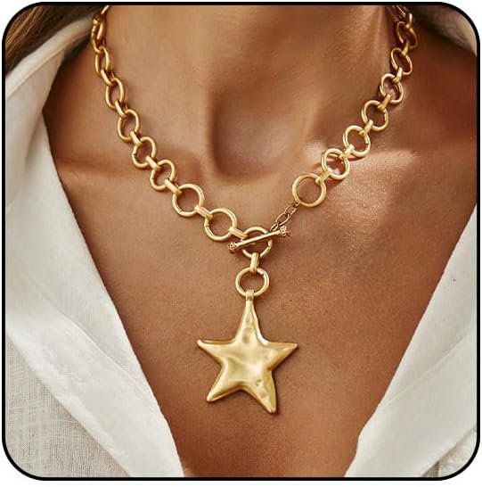 Large Star Necklace Chunky Gold Necklace for Women Trendy Silver Big Statement Necklaces Bold Thick Paperclip Necklaces OT Toggle Chunky Jewelry Holiday Christmas Jewelry Gifts Stocking Stuffers