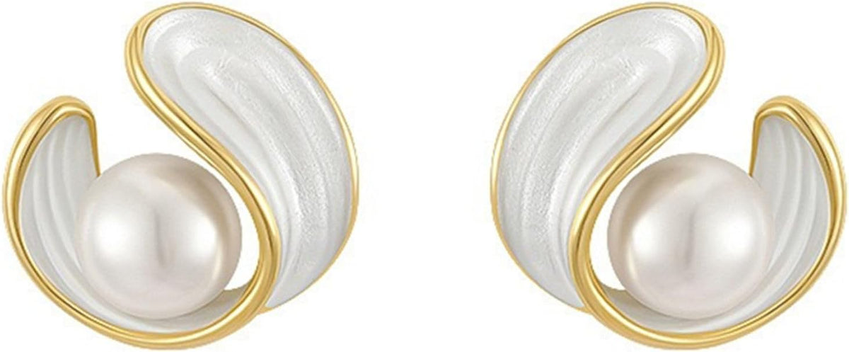 Pearl Stud Earrings for Women Stainless Steel Unique Statement Small Pearl Enamel Button Statement Vintage Earring Jewelry