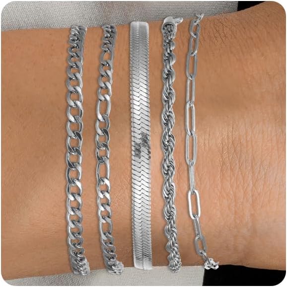 Silver and Gold Bracelets for Women Non Tarnish Waterproof Gold bracelet stack set, Adjustable 6.5"+2" Extender, Layered Bracelets for Women，Exquisite Jewelry Gift