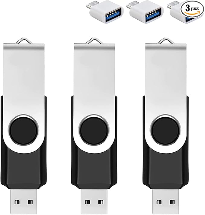 3 Pack 128GB USB Flash Drive with Type C Adapter and Storage Box USB 2.0 High Speed Metal Pen Drive 360° Rotatable Storage Memory Stick for Phone/Pad/PC/Laptop/Android - Black(3-Pack 128GB)