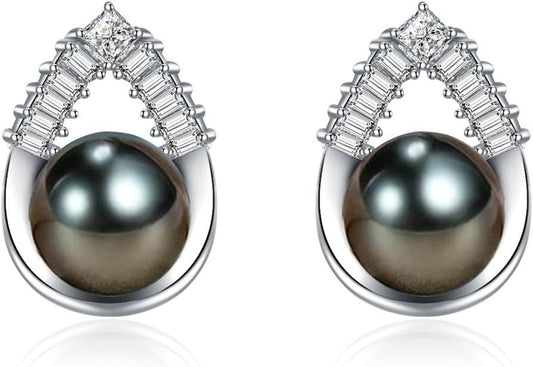 Gift for Wife -Tahitian Black/Freshwater Cultured-Pearl-Earrings-Gifts for Women Wedding Birthday Anniversary-Mom Her Mothers Day Valentines Day Christmas-18K Gold Plated Sterling Silver Pearl Stud Earring Fine Jewelry