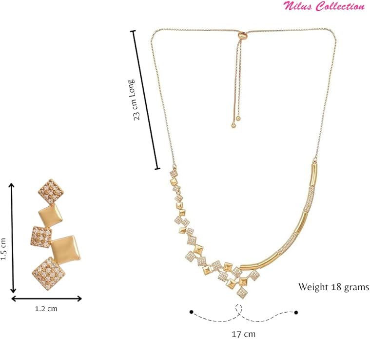 Nilu's Collection American Diamond Stone Studded | Rose Gold/Silver Plated | Anti Tarnish Jewellery Set for Women | Matching Earrings Perfect for Weddings and Special Occasions