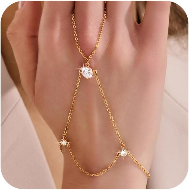 YOIHUR Champagne Gold Plated Hand Chains for Women, Adjustable Hand Chain Bracelet and Ring, Gold Hand Chain Bracelets Stack Jewellery Stars and Cubic Zirconia Hand Jewelry for Valentine's Day
