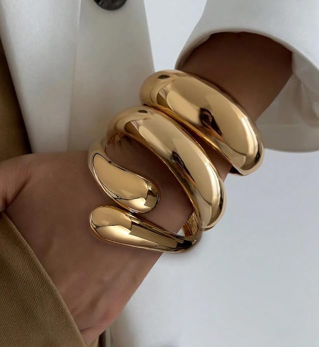 Chunky Gold Bangle Bracelets for Women, Dainty 14k Gold Plated Big Stackable Bangles Set, Trendy Statement Cuff Bracelet Stack Fashion Jewelry Christmas Gifts