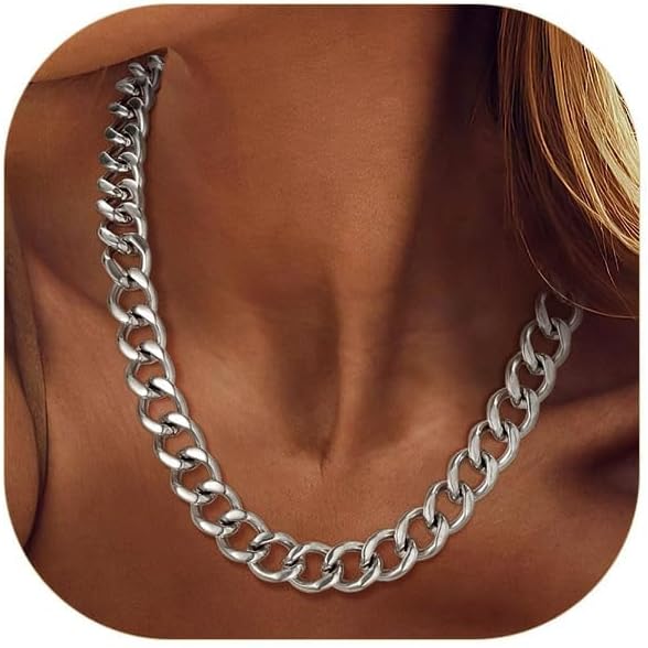 ChainsPro Cuban Link Chain for Women,Stainless Steel Chunky Necklace Silver/Gold Plated Thick Chain Choker, 12/16/20 mm Width,18" and 20" Punk Hip Hop Trendy Non Tarnish Jewelry Gifts