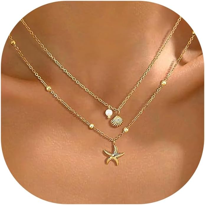 Evabelle Gold Layered Necklace for Women Trendy Jewelry 14K Real Gold Plated Chunky Chain Stackable Necklaces Dainty Choker Necklaces Rectangle Square Pendant