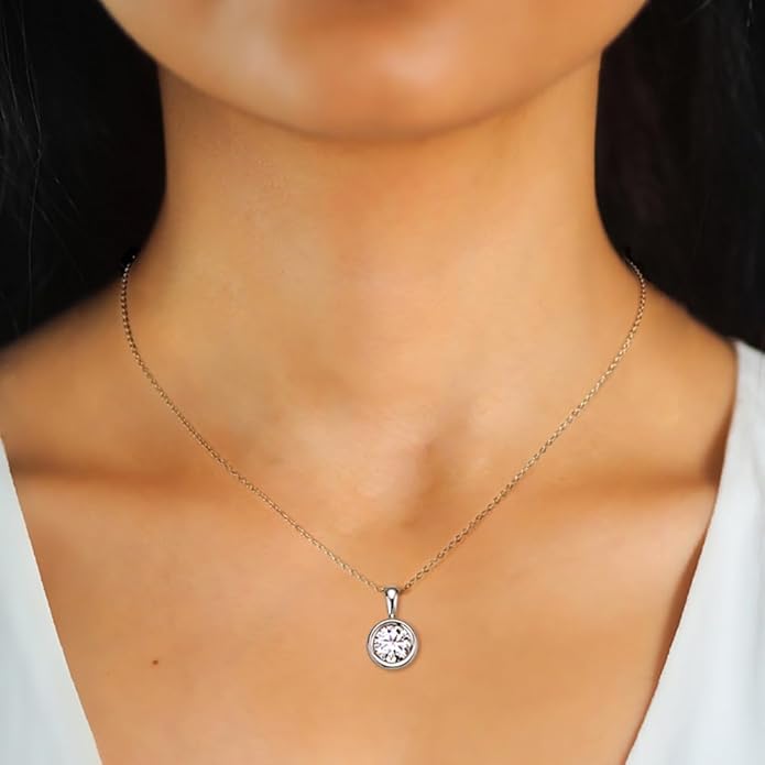 Classic 2 Carat Round Cut Diamond Pendant Necklace in Sterling Silver, Bezel-Set White Diamond, Diamond Jewelry for Women