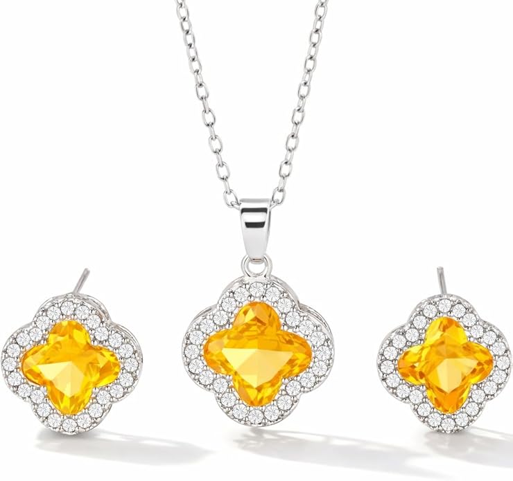 Four Leaf Clover Necklace and Earrings Set for Women, Clover Jewelry Set with Pendant Necklace and Stud Earrings, Brilliant Cubic Zirconia, Polished Metal Setting, Hypoallergenic, & Lightweight