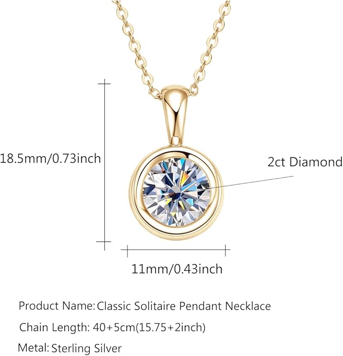 Classic 2 Carat Round Cut Diamond Pendant Necklace in Sterling Silver, Bezel-Set White Diamond, Diamond Jewelry for Women