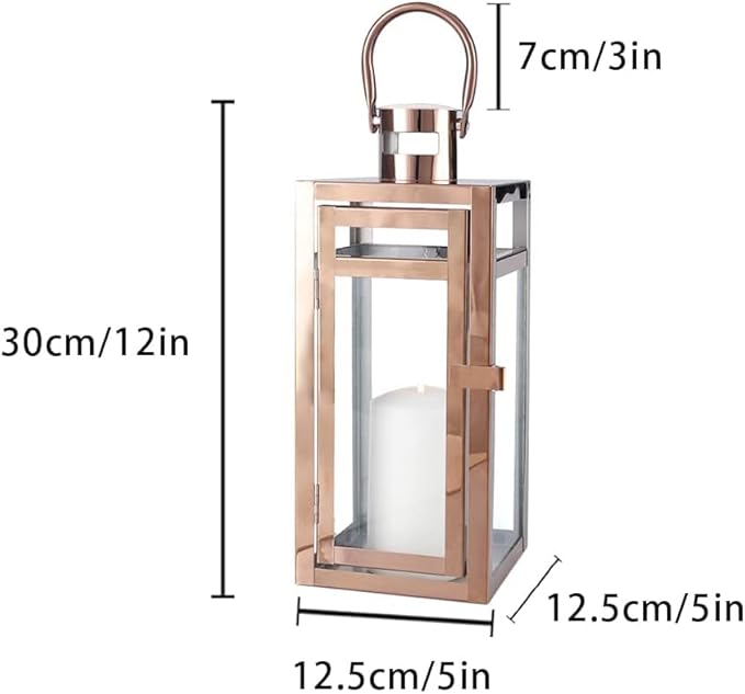 TRIROCKS Set of 2 Stainless Steel Decorative Lantern 12'' High Metal Candle Holder with Clear Glass Panels Perfect for Home Decor Living Room Parties Events Tabletop Indoors Outdoors (Rose Gold)