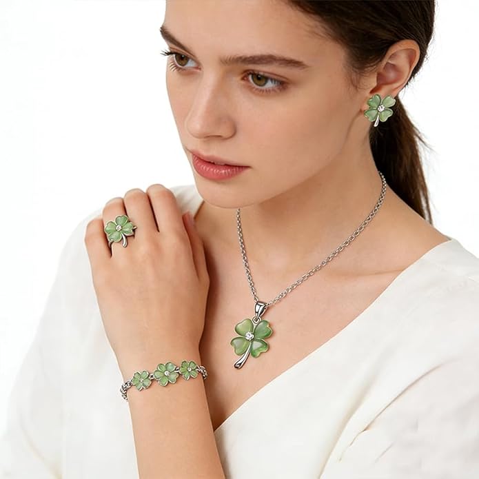 ONLYJUMP Four Leaf Clover Jewelry Set for Women Necklace Bracelet Earrings Ring Set Elegant Lucky Clover Design Cat Eye Stone Perfect Holiday Gift for St. Patrick's Day Valentine's Day Birthdays Daily Wear