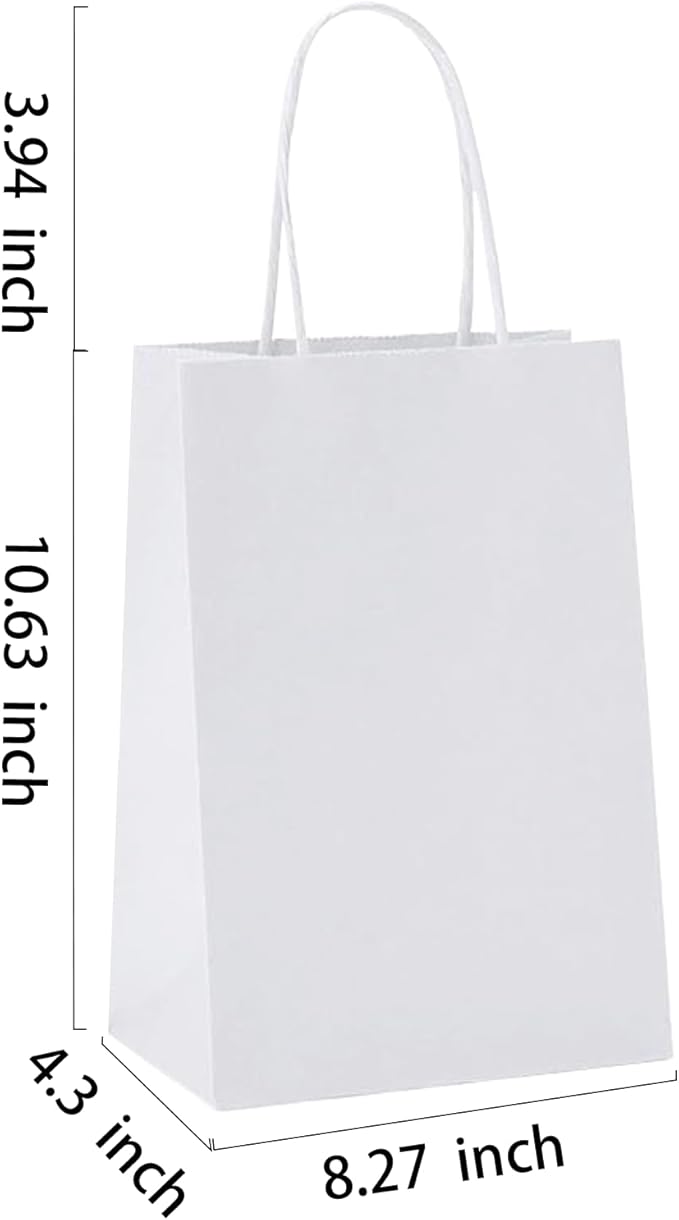 BAG BOX 25 Pack 8.25x4.3x10.6 Inch White Gift Bags with Handles,Bulk Kraft Paper Bags for Shopping, Retail, Merchandise, Wedding, Party Favors, Paper Grocery Sacks