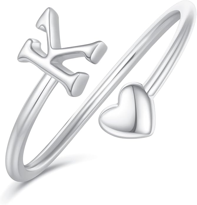 Initial Rings for Women Girls - Valentines Day Gifts for Her, Adjustable Rings for Women Non Tarnish Letter A-Z Dainty Heart Ring Teen Girls Gifts Trendy Stuff Personalized Jewelry Gift