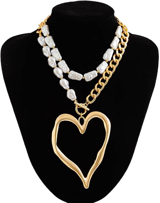 Chunky Gold Necklace Big Heart Necklace for Women Silver Large Statement Necklaces Thick Bold Chain Puffy Love Heart Charm Necklaces for Women with OT Toggle Silver Chunky Gold Jewelry Trendy Valentine's Day Gift