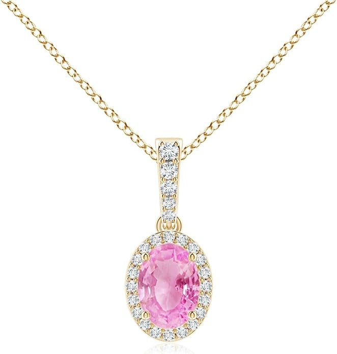 Angara Natural Pink Sapphire Pendant for Women | Vintage Style Oval Pink Sapphire Halo Pendant in 14K Solid Gold/Platinum With 18" Chain | Birthday, Anniversary, Gemstone Jewelry Gift